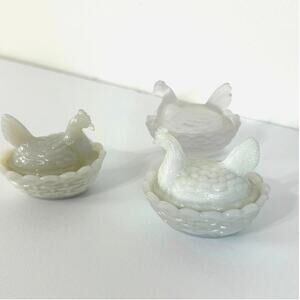 Vallerysthal Mini Hen on Nest Lot 3 Covered Salt Cellars Opaline Milk Glass